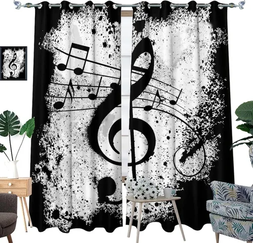 Miniatura 3 de Cortinas opacas de oscurecimiento de habitación con ojales, diseño rústico de símbolos musicales blancos y negros, tratamiento de ventana