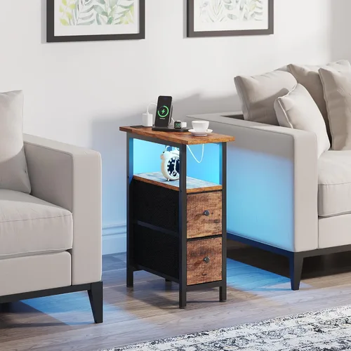 Miniatura 8 de TRIFEBLE Mesa auxiliar con estación de carga, mesa auxiliar estrecha con 2 cajones de tela, mesita de noche delgada con luz LED, mesita de noche