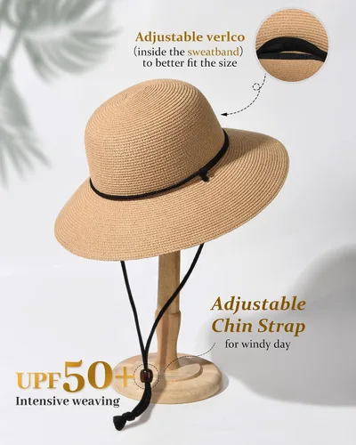 Miniatura 2 de Sombreros de sol para mujer con FPS 50, de algodón, con cordón de barbilla, de ala ancha, elegante de 21.6-23.6 pulgadas