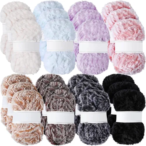 Timgle 24 madejas de hilo de piel sintética suave y gruesa, hilo de pelo esponjoso y mullido para proyectos de crochet y punto, longitud total 12 x