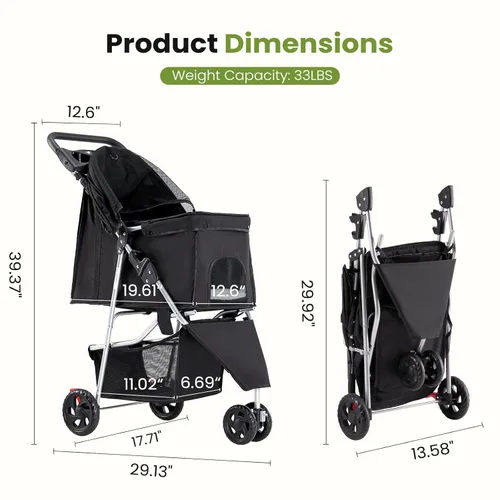 Miniatura 6 de DUMOS 3 Wheels Pet Stroller for Dogs and Cats, Foldable Dog Stroller with Mesh Windows, Storage Basket & Cup Holder, Lightweight & Durable Pet
