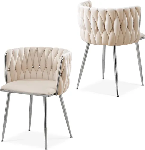 Miniatura 32 de Juego de 2 sillas de comedor de terciopelo, sillas laterales tapizadas tejidas con patas de metal plateado, Sillas de Comedor 2, sillas decorativas