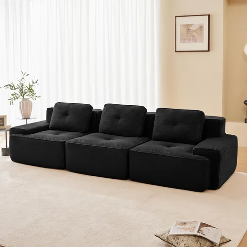 Miniatura 4 de Sofá moderno comprimido sin estructura de 117 pulgadas, sofás seccionales de 3 plazas para sala de estar, sofá seccional modular de pana negra tipo