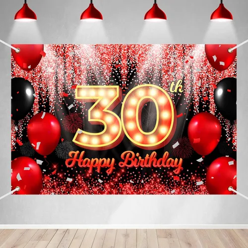 Miniatura 24 de Telón de Fondo Banner de Feliz 10º Cumpleaños Tema Negro y Rojo con Fondo de Neón Brillante y Moda para Fiesta de Cumpleaños Fotografía Accesorio