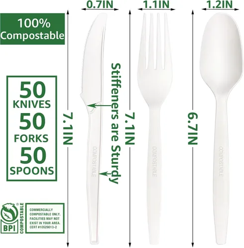 Miniatura 3 de MISISIPI Juego de utensilios compostables de 150 unidades, resistente con certificación BPI, tenedores desechables sin plástico, cucharas, cuchillos