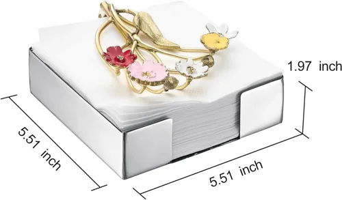 Miniatura 9 de Servilletero floral dorado bronce – Detalle de flores de color latón dorado y bandeja reflectante negra, toalla de papel y hoja de exhibición