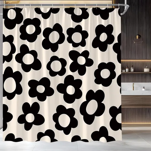 Miniatura 2 de Cute Retro Flower Shower Curtain Groovy Vintage Floral Funky Hippie Pastel Black Beige Daisy Abstract Aesthetic Fabric Bathroom Curtain Set with