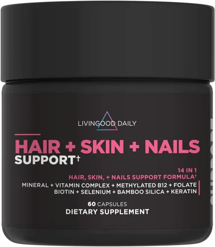 Livingood Daily Suplemento para cabello, piel y uñas, fórmula 14 en 1 con biotina, colágeno, queratina, bambú, selenio, folato, B12, zinc y más,