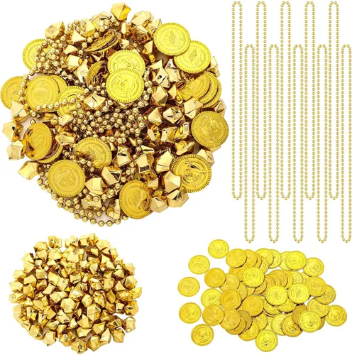 Miniatura 9 de Crowye Juego de 180 monedas falsas del tesoro pirata, gemas de plástico y collar de cuentas, juego de joyas para piratas, aventura, carnaval, Dorado