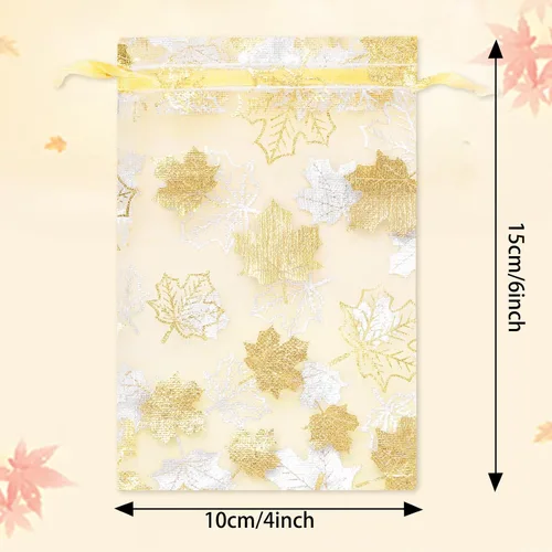 Miniatura 2 de Whaline 100 bolsas de organza de otoño con cordón de hojas de arce doradas, bolsas de regalo de joyería de Acción de Gracias, bolsa de regalo