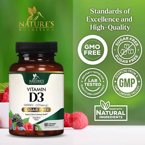 Miniatura 4 de Vitamina D3 5000 UI (125 mcg) por porción, vitamina D extra fuerte masticable para apoyo inmunológico, suplementos para huesos, dientes y músculos