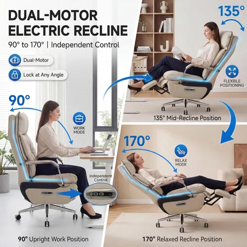 Miniatura 3 de Silla de oficina reclinable ejecutiva de doble motor con reposapiés, reclinable eléctrico con un solo clic, soporte lumbar de masaje y almohada