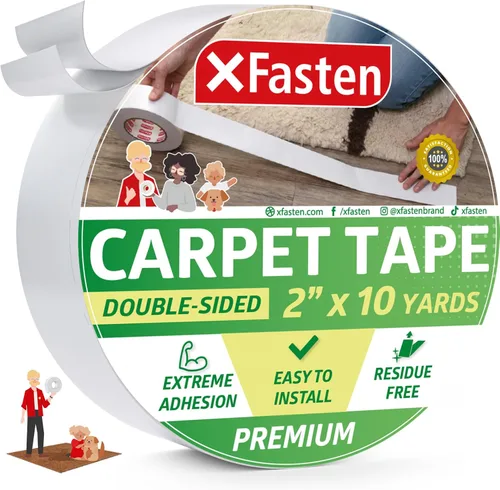 XFasten Cinta para alfombras para suelos de madera dura, 2 x 10 yardas, sin residuos, cinta de alfombra fuerte de doble cara, cinta adhesiva