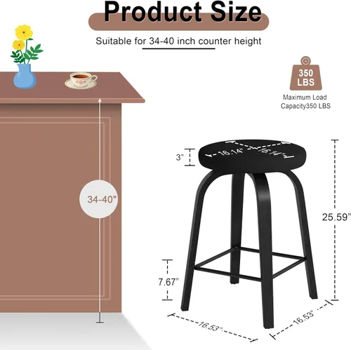Miniatura 2 de Juego de 2 taburetes de bar, taburetes de bar sin respaldo de altura de mostrador, taburetes de bar giratorios de 26 pulgadas, silla de cocina