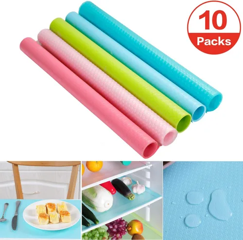 Paquete de 10 alfombrillas para refrigerador, forros lavables para refrigerador, fáciles de limpiar, antideslizantes, sin BPA, colorido, material