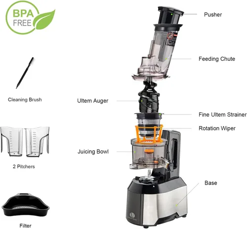 Miniatura 6 de Ventray Exprimidor de prensa en frío, 3 pulgadas de ancho máquina exprimidora de masticación lenta para frutas y verduras enteras, motor potente