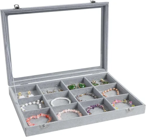 Wuligirl - Joyero organizador de terciopelo para aretes, collares y pulseras con tapa transparente de exhibición, almacenamiento de joyas