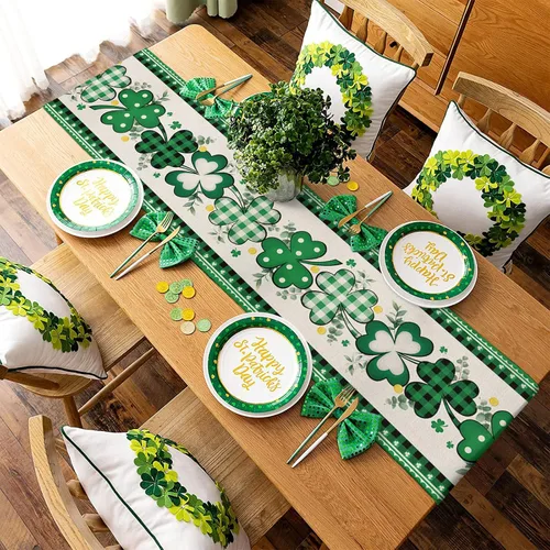 Miniatura 5 de Camino de mesa del día de San Patricio, camino de mesa de café, hojas de trébol verdes, a cuadros, camino de mesa de comedor, bufandas para cocina