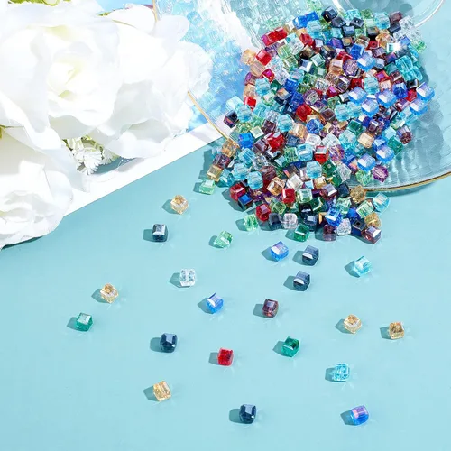 Miniatura 6 de PH PandaHall 360 cuentas de cristal en forma de cubo, 12 colores, cuentas galvanizadas facetadas de 0.236 in, cuentas sueltas para collares, aretes