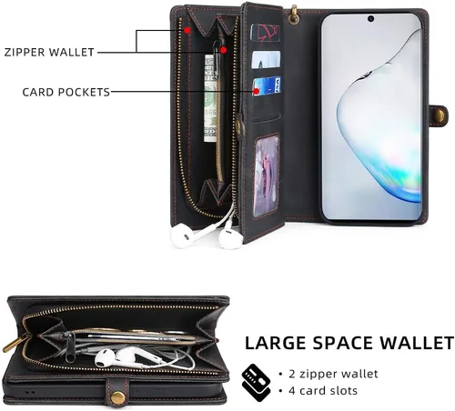 Miniatura 3 de Asuwish Funda de teléfono para Samsung Galaxy Note 10 5G con cremallera, funda desmontable con protector de pantalla de vidrio templado y tarjetero