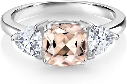 Miniatura 32 de 925 Sterling Silver Gemstone Birthstone and White Moissanite 3-Stone Engagement Ring for Women 7MM Cushion and 5MM Trillion Accents Three Stone