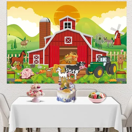 Miniatura 5 de Telón de fondo rojo de granero para niños, decoración de fiesta de cumpleaños, dibujos animados de animales de granja, granero, fondo de fotografía