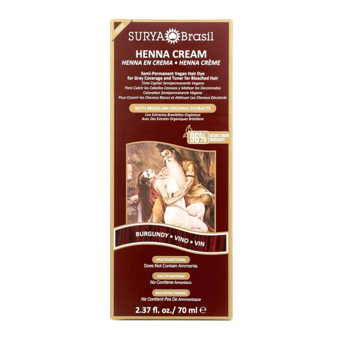 Surya Brasil Henna Cream Burgundy - 96% ingredientes naturales, vegano, libre de crueldad, ecológico, color de cabello semipermanente, hidratación