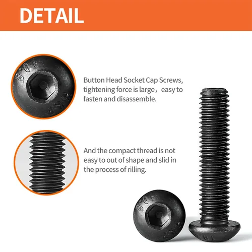 Miniatura 3 de Tornillos de cabeza de botón M5-0.031 x 0.315 in Tornillos de acero de aleación de grado 10.9 métricos, acabado de óxido negro, totalmente roscado