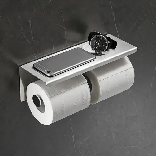 Soporte de papel higiénico de doble rollo con estante, dispensador de pañuelos de acero inoxidable montado en la pared para baño (plateado)