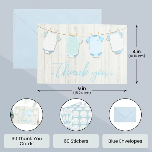 Miniatura 5 de Pipilo Press Tarjetas de agradecimiento para baby shower con sobres y calcomanías para niño, diseño de tendedero azul de 6 x 4 pulgadas, paquete