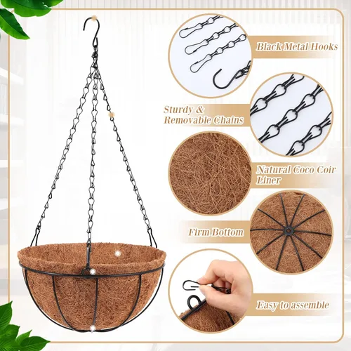 Miniatura 4 de Dandat 1 cesta colgante de metal de 10 pulgadas con forro de fibra de coco, alambre de metal, soporte para plantas, riego al aire libre, macetas