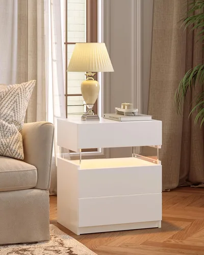 Miniatura 8 de Bingoday Moderna mesita de noche LED con 3 cajones, mesita de noche con luces LED ajustables, mesa auxiliar de almacenamiento grande para Blanco