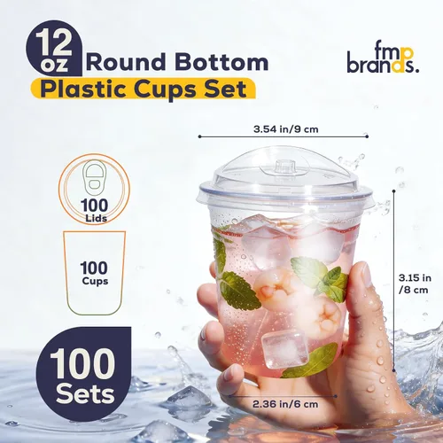 Miniatura 2 de Fit Meal Prep Paquete de 100 vasos de plástico transparente de fondo redondo de 12 onzas con tapas sin popote, tazas de café helado desechables