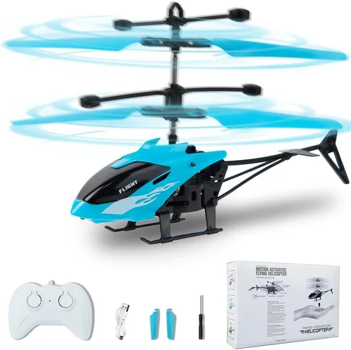 Helicóptero de control remoto, detección de gestos helicóptero volador en interiores, avión RC para adolescentes con vuelo de 10 minutos, Azul