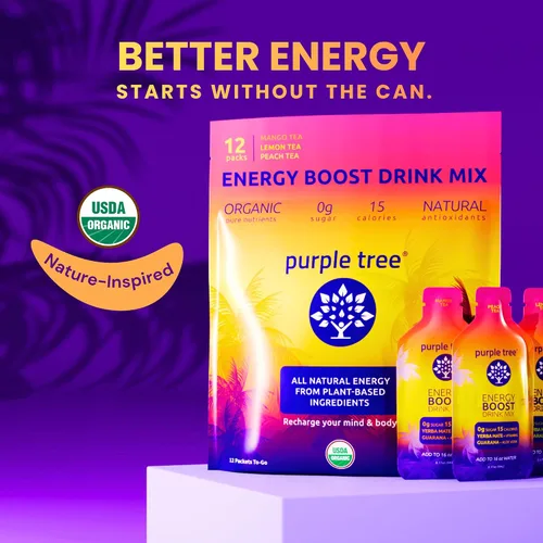 Miniatura 2 de purple tree Paquetes de energía orgánica – Cero azúcar, 80 mg de cafeína natural de yerba mate y guaraná, con vitaminas B12 para una energía suave