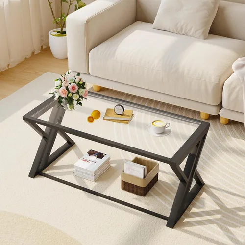 Miniatura 3 de Mesa de café Wolawu de vidrio negro para sala de estar, mesa central rectangular moderna con marco de metal resistente, mesa de té de vidrio