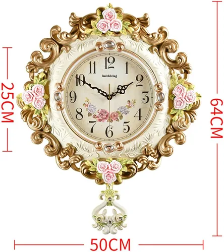 Miniatura 6 de Reloj de pared Silencioso Estilo Europeo Sala de estar Decoración del Hogar Dormitorio Relojes de Cuarzo Flor Tallado Retro Swing Reloj