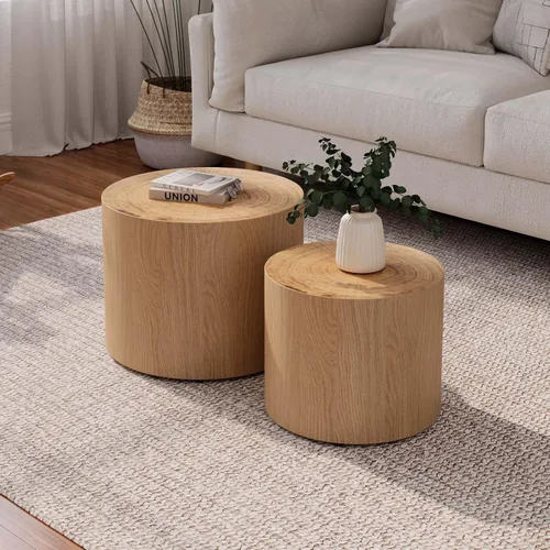 Miniatura 3 de Juego de 2 mesas auxiliares anidadas, mesa auxiliar redonda moderna y mesa auxiliar, mesa auxiliar circular de madera natural para sala de estar