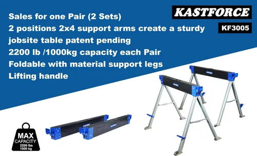 Miniatura 3 de Caballete plegable de 2200 lb/1000 kg de capacidad, soporte de mesa de trabajo resistente con patas plegables, paquete doble KF3005
