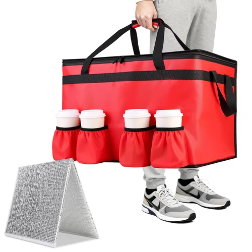 Miniatura 10 de Bolsa de entrega de alimentos con aislamiento con 4 portavasos, bolsas de comestibles aisladas extra grandes para mantener los alimentos Rojo