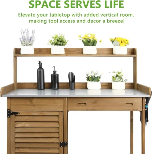 Miniatura 5 de PetsCosset - Banco de jardinería con mesa de trabajo al aire libre, de madera, con superficie de mesa metálica, gabinete, cajón, estante inferior