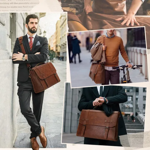 Miniatura 2 de RAINSMORE Bolsa de mensajero para hombre de 17 pulgadas, impermeable, de piel vintage, maletín para laptop, bolsa grande para laptop, bolsa de Marrón