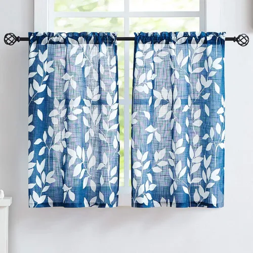 Miniatura 10 de Treatmentex Cortinas azules de cocina de 24 pulgadas con estampado de hojas blancas cortas para ventanas pequeñas, 2 paneles