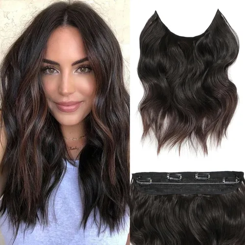 Miniatura 14 de Extensiones de cabello con halo de 12 pulgadas con alambre invisible, cabello largo ondulado ajustable, sintético, mejora con 4 clips de seguridad