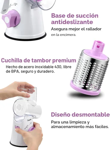 Miniatura 7 de Rallador de queso giratorio Geedel, rallador de mandolina de cocina para vegetales con 3 cuchillas intercambiables, rallador giratorio fácil