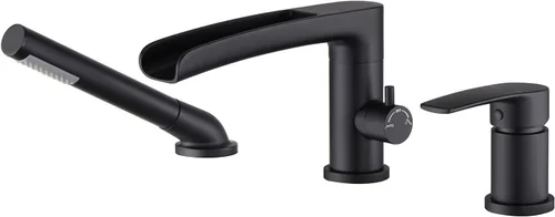 Wowkk Grifo de Bañera Cascada de Bañera Romana Negro Montaje en Cubierta Grifos de Bañera de Latón Relleno de Bañera Grifos de Baño con Ducha de Mano