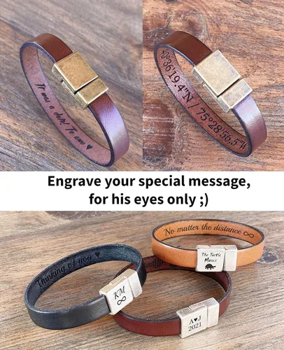 Miniatura 10 de Men's Leather Bracelet Personalized - Hidden Message Wristband - Customizable Anniversary Gift for Husband -Sentimental Present for Boyfriend