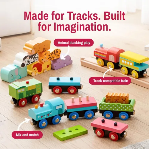 Miniatura 3 de Montessori - Juego de juguetes de tren de madera para niños, 12 vagones magnéticos de tren con caja de regalo de almacenamiento, juguete educativo