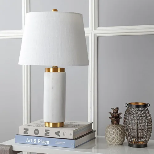 Miniatura 3 de JONATHAN Y Lámpara de mesa LED de mármol blanco/latón dorado de 23 pulgadas, lámpara de columna moderna contemporánea con pantalla de tambor de lino