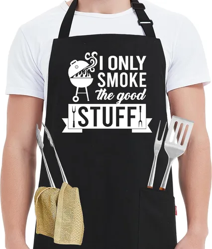 Kaidouma Divertidos delantales de parrilla para hombres – I Only Smoke The Good Stuff – Divertidos delantales de chef para cocinar barbacoa con 2